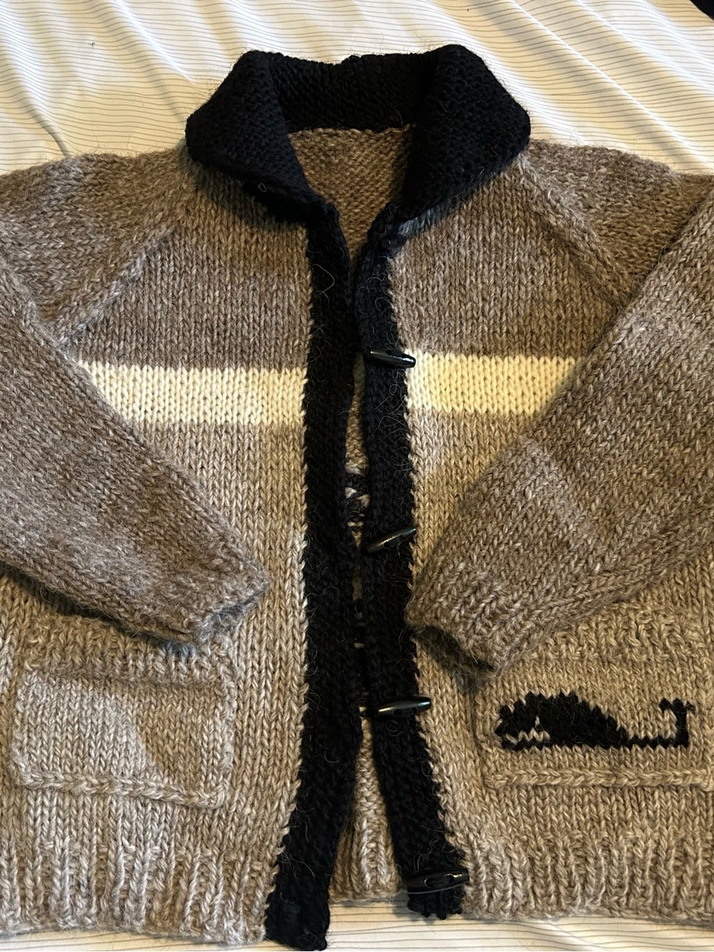 Hand-Knit Tan and Black shawl collar cardigan.